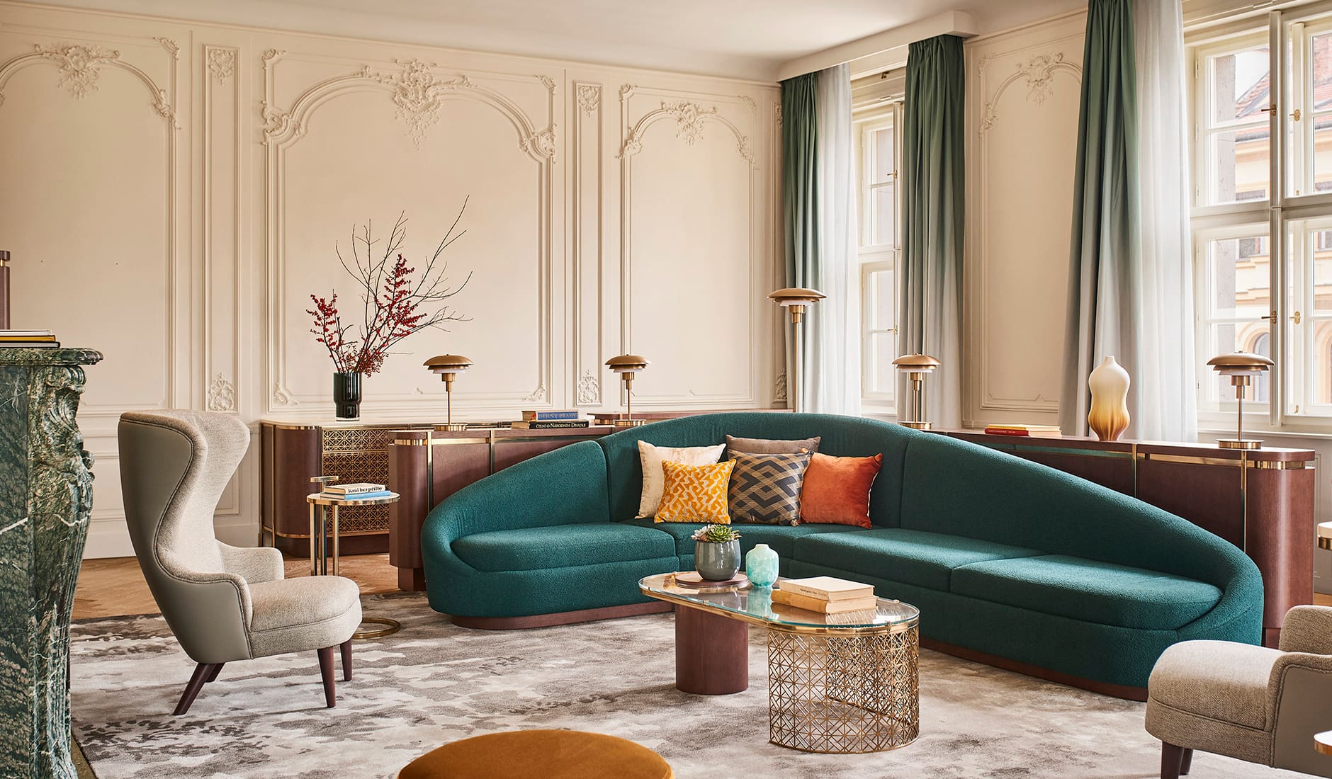 Andaz Prague, Prague, Czech Republic. The Best Luxury Hotel Openings of 2022 by TravelPlusStyle.com. PRGAZ_P0043 Sugar Palace Suite Living Room Sofa