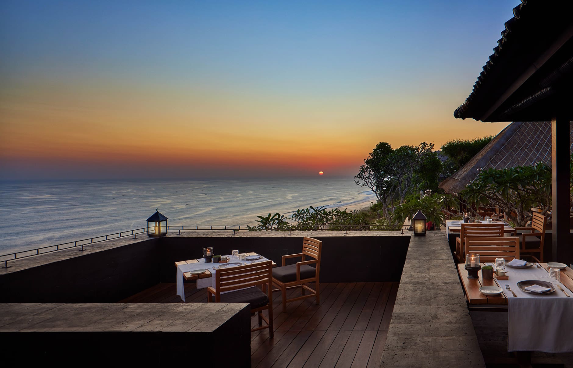 Bulgari Resort Bali, Uluwatu, Indonesia. Luxury Hotel Review by TravelPlusStyle. Photo © Bulgari Hotels & Resorts sangkar-restaurant-sunset