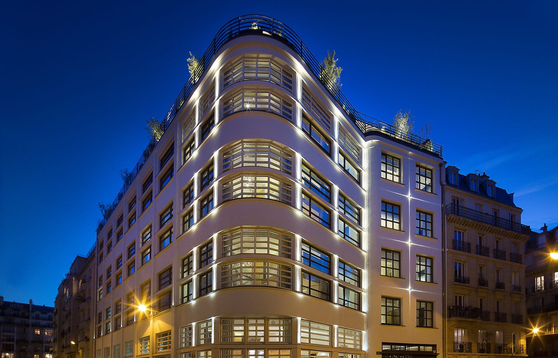 Le Cinq Codet, Paris, France. Hotel Review by TravelPlusStyle. Photo © Le Cinq Codet le-5-codet-facade-nuit-01-md