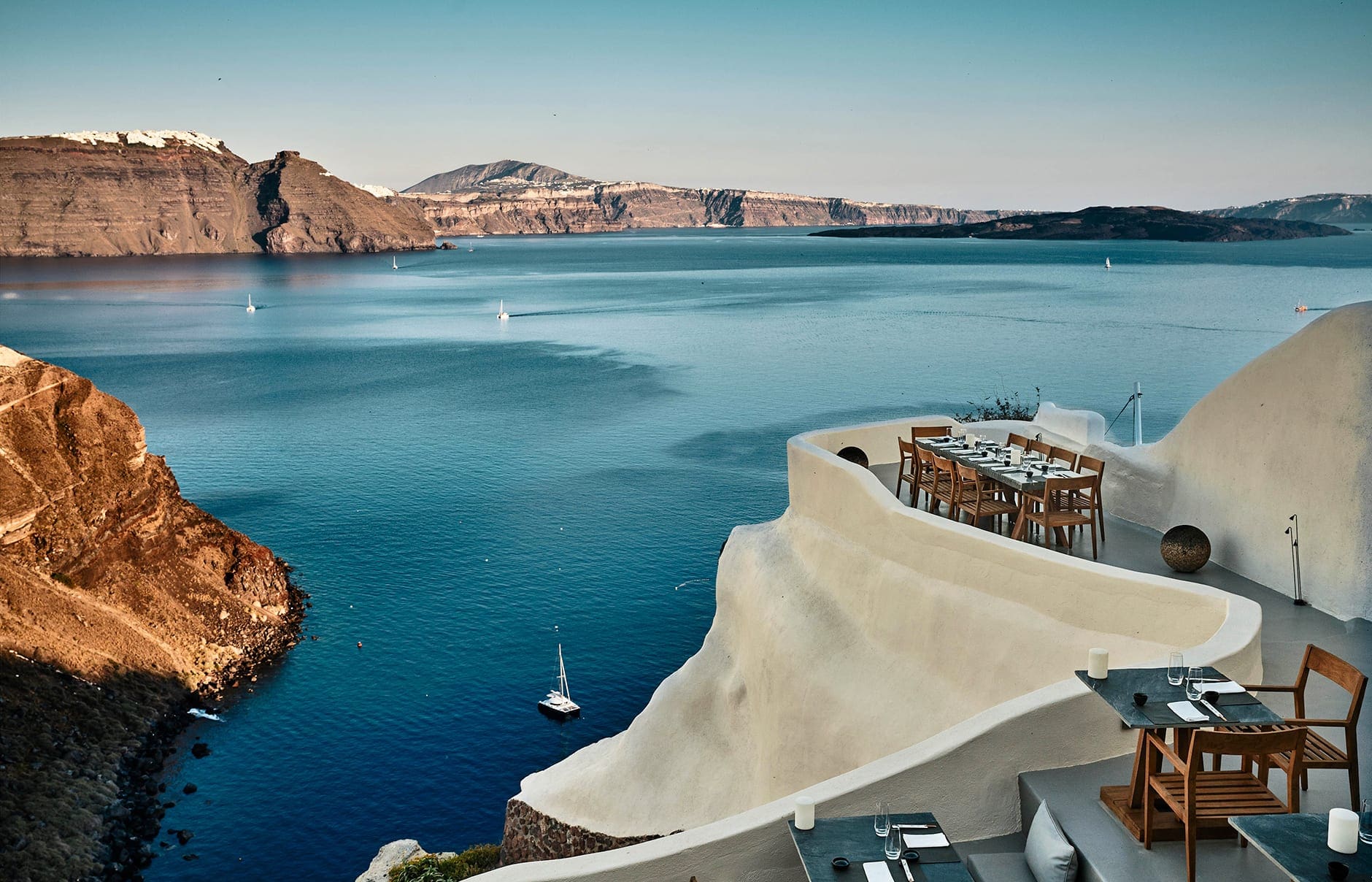 Mystique, Santorini, Greece. Hotel Review by TravelPlusStyle. Photo © Marriott International 117355759-h1-jtrml-lounge-restaurant-4804-hor-clsc