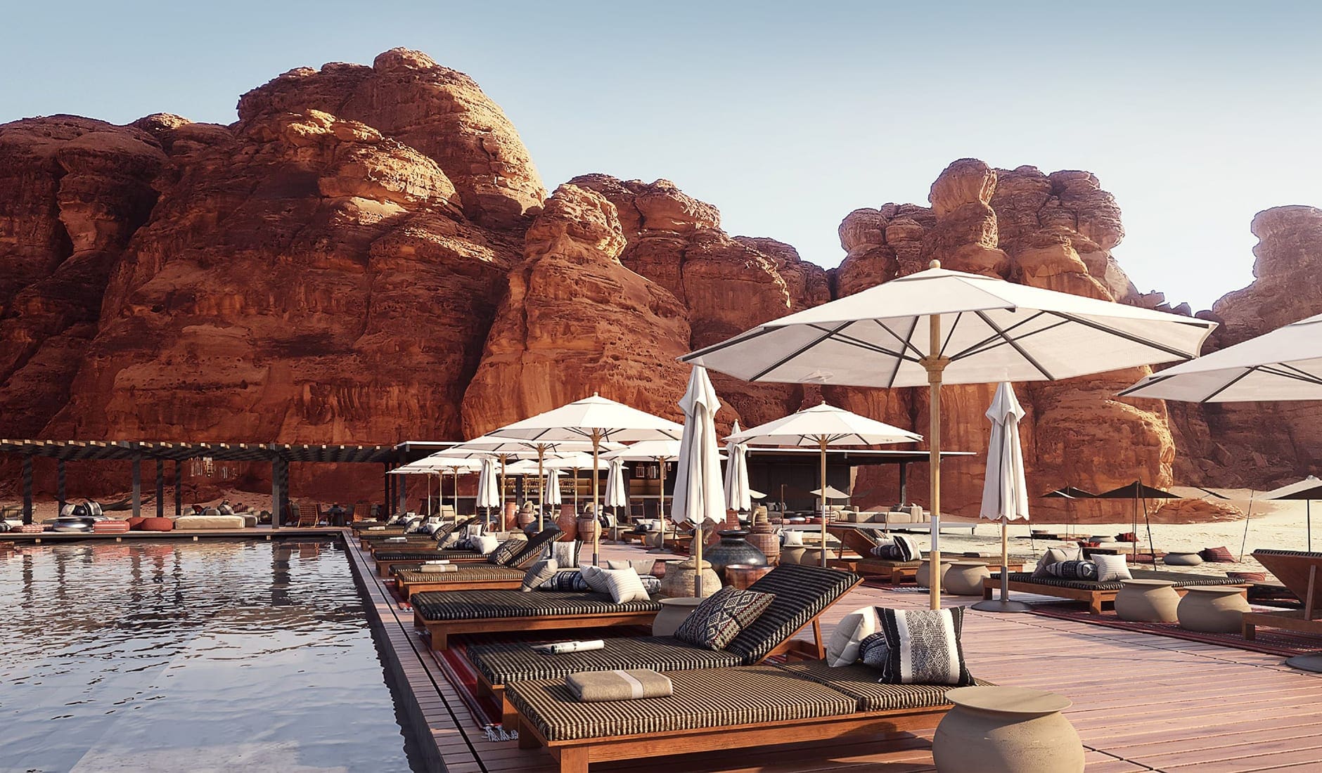 Habitas AlUla, Saudi Arabia. The Best Luxury Hotel Openings of 2021 by TravelPlusStyle.com habitas-alulapooldeck-1